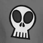Cartoon skull face, men's dark colored t-shirts.